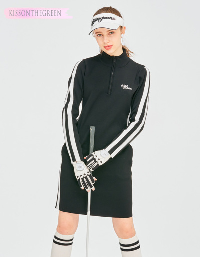 ゴルフ ワンピース 長袖 無地 モノトーン ワンピ / サイドライン