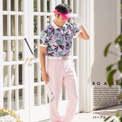 KG-ALEX ストライプ×ボタニカル柄半袖ポロシャツ ゴルフウェア メンズ