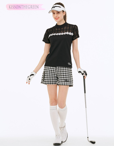 【新品】サウスケープゴルフウェア　ハイネック　花モチーフ⚫︎トップス　半袖 新品】サウスケープゴルフウェア ハイネック 花モチーフ⚫︎トップス