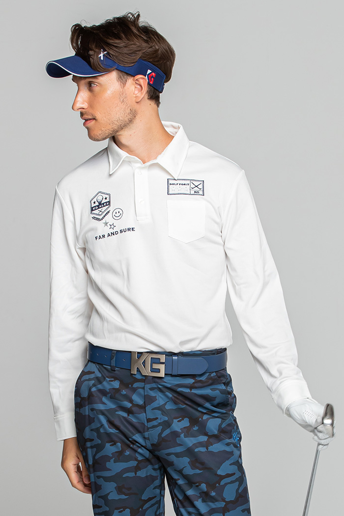 ゴルフ ポロシャツ トップス ゴルフウェア メンズ おしゃれ ポロ シャツ 長袖 定番 無地 ゴルフモチーフロゴ刺繍入り長袖鹿の子ポロシャツ M L 伸縮性 ストレッチ 着心地 抜群 無地 Kg Alex メンズ ギフト プレゼント コンペ メンズ トップス キスオンザグリーン