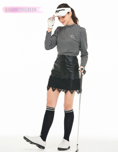 ゴルフウェア レディース スカート 丈長め 合成皮革 レザー / 裾レース