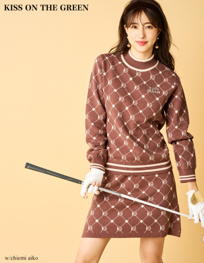 SY32】ロゴモノグラム柄 ゴルフニットセーター×スカート セットアップ 白M-