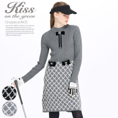 ゴルフウェア レディース ワンピース りぼんブローチ付きリブニット