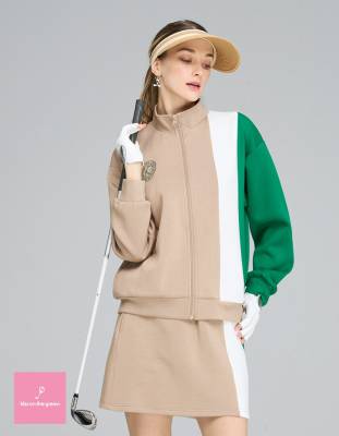 ゴルフウェア レディース ダンボールニットカラー切り替えジップアップ