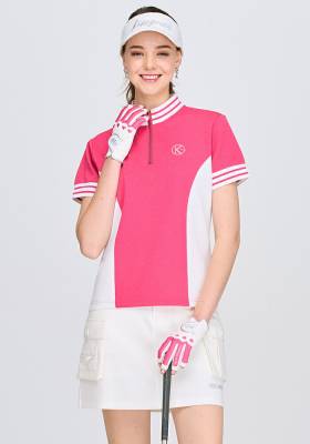 リブライン入りバイカラージップアップトップス / ゴルフ 半袖 シャツ