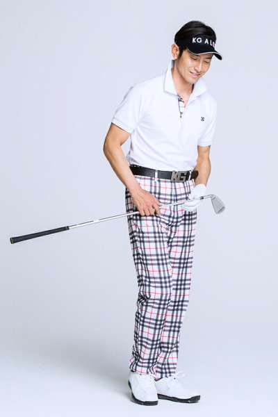 KG-ALEX 前立てチェック柄コットン鹿の子半袖ポロシャツ ゴルフウェア