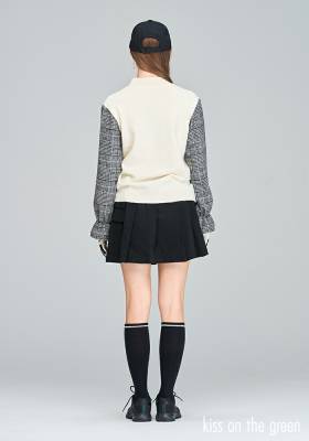 ゴルフウェア レディース 長袖 ニット モックネック チェック袖切替え