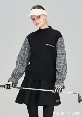ゴルフウェア レディース 長袖 ニット モックネック チェック袖切替え