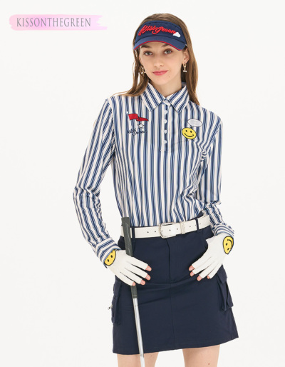 【着回し力抜群♪】LV チャンキーストライプ ポロトップ 代引手数料&送料無料】ゴルフ ポロシャツ ニコちゃんワッペン