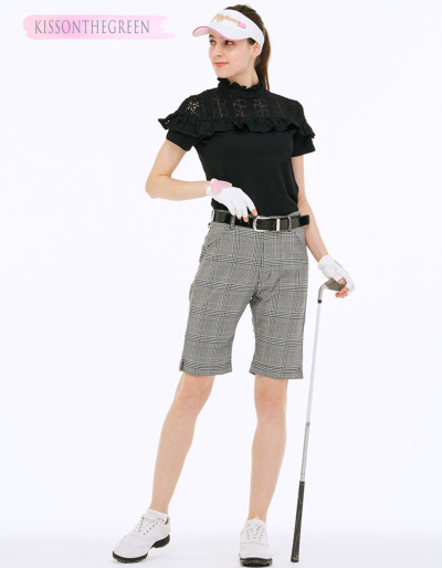 【新品】サウスケープゴルフウェア　ハイネック　花モチーフ⚫︎トップス　半袖 代引手数料&送料無料】シースルーレースフリル付きハイネック半袖