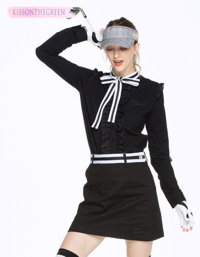 代引手数料&送料無料】ゴルフ スカート 丈長め トリコロール配色リボン