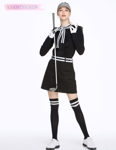 PXG ゴルフ ウェア レディース ポロシャツ 長袖シャツ リボン付き春秋 トリコロールリボン付きフリル長袖ポロシャツ 【着心地抜群 しっかり綿