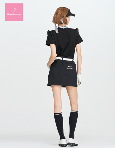 ゴルフ 無地 半袖 シャツ / 配色リボン付きフリル半袖ポロシャツ / 着