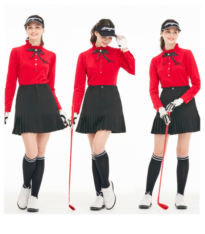 DESCENTE GOLF 長袖ポロシャツ L 赤/黒　スカートM 代引手数料&送料無料】ゴルフ 長袖 ポロ シャツ 伸縮性 / りぼん