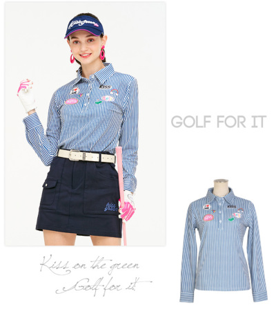 ゴルフ 長袖 シャツ シンプル / ワッペン風プリント付き細ストライプ