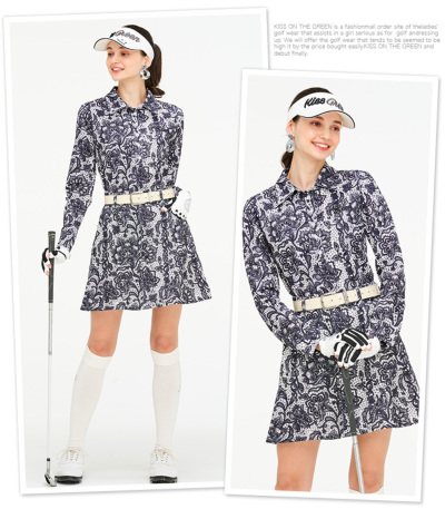 10周年 特別企画 代引手数料 送料無料 モノトーンレースプリント長袖シャツ スカート上下セット スカートはインナーパンツ一体型 ワンピース セットアップ コーデ 長袖 レースプリント ゴルフウェア レディースゴルフウェア かわいい おしゃれ ワンピース キス