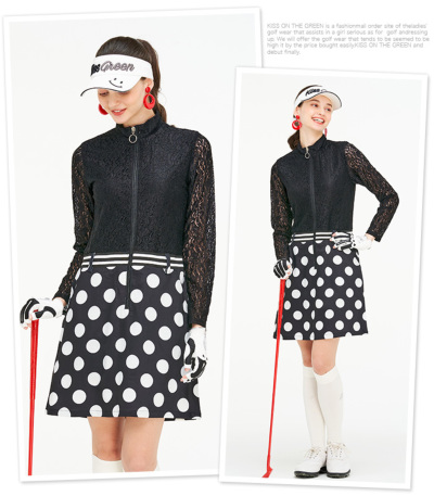 代引手数料&送料無料】ゴルフ ワンピース 長袖 レース ドット ワンピ
