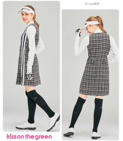 ゴルフ ワンピース ジップアップ ワンピ / ラインリブ入りツイード