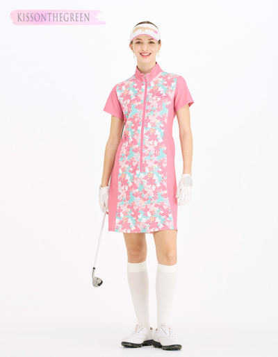 レオナール　ワンピース　ゴルフウェア　ピンク　花柄　レディース　半袖　夏 レオナール ワンピース ゴルフウェア ピンク 花柄 レディース
