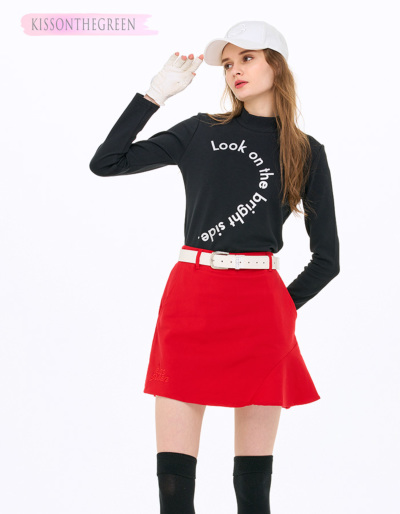 Malbonプリーツ ゴルフスカート レッドカラー 映えシルエット 新作 美品⭐ ゴルフ スカート 丈長め 無地 定番スカート / 裾ヘムフレア台形