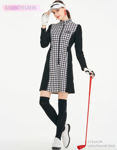 ゴルフ ワンピース 長袖 千鳥 モノトーン ワンピ / 千鳥格子柄