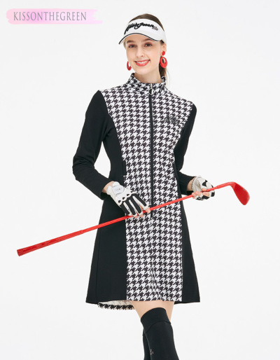 ゴルフ ワンピース 長袖 千鳥 モノトーン ワンピ / 千鳥格子柄