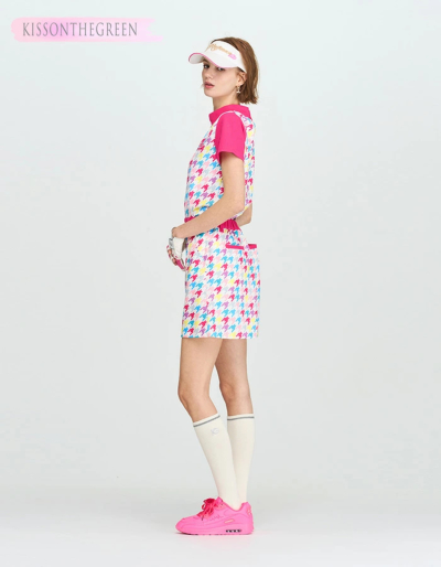 カラフル千鳥格子柄モックネック半袖トップス＆スカート上下セット