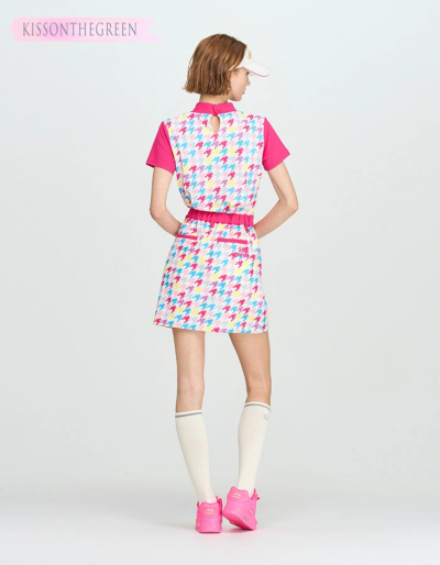 カラフル千鳥格子柄モックネック半袖トップス＆スカート上下セット