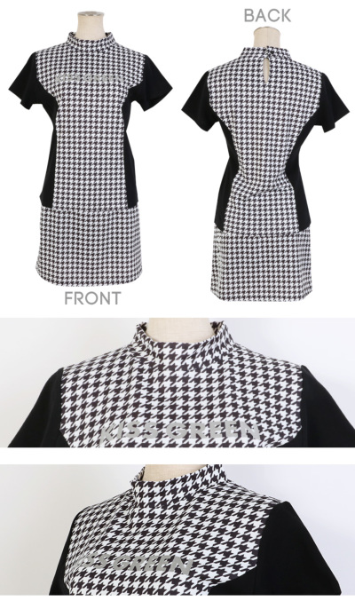 千鳥格子柄両サイド切り替えモックネックトップス＆スカート上下セット