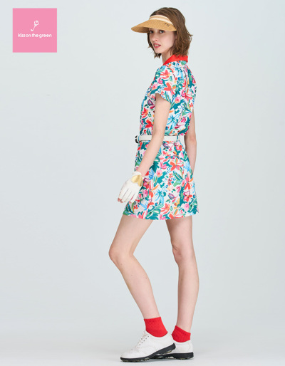 ゴルフ用花柄ポロシャツとスカートセット フラワー柄半袖ポロシャツ＆スカート上下セット / サラリとした