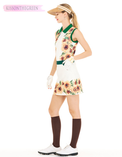 ひまわり柄ノースリトップス＆スカート上下セット / 雰囲気のある