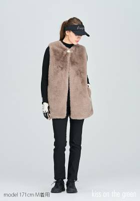 ゴルフウェア レディース アウター ベスト 無地 ファー素材 ビジュー